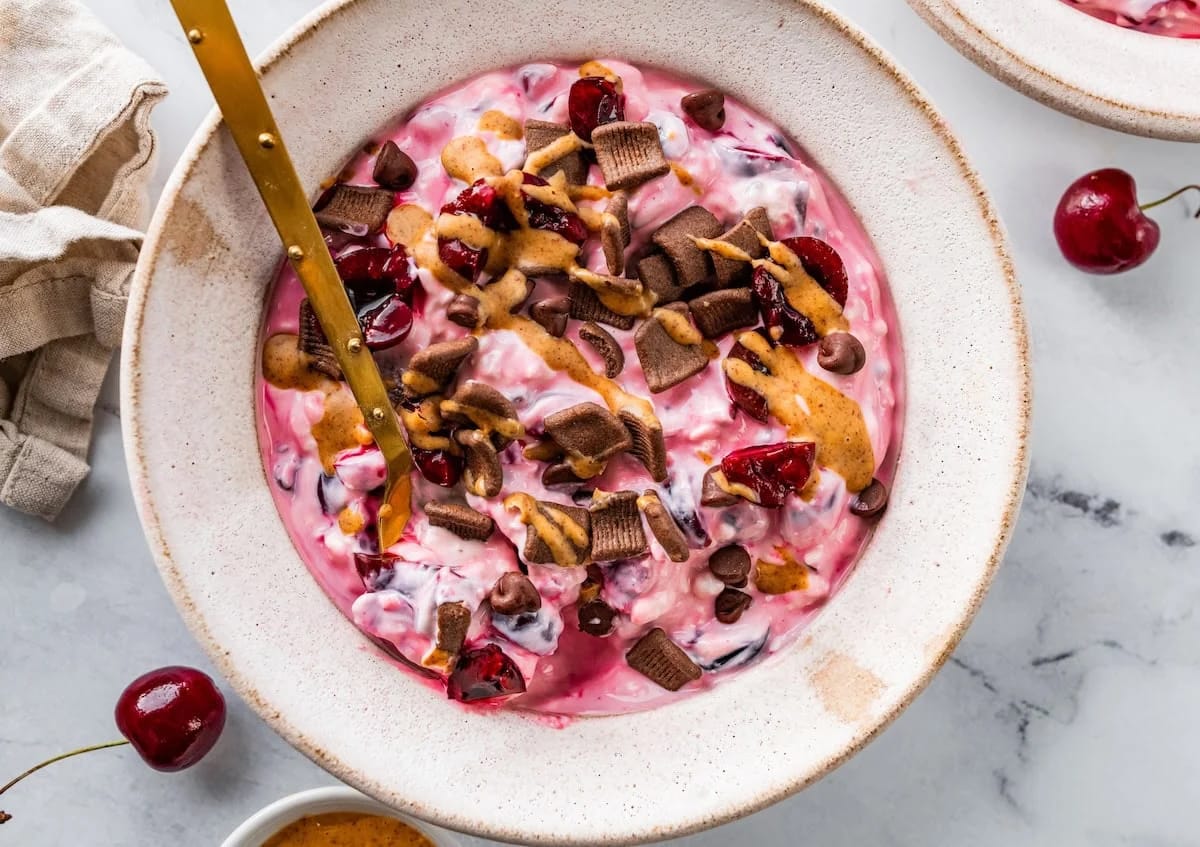 5-MIN FUEL: Decadent Chocolate Cherry Cheesecake Yogurt Bowl Packed with 30g Protein!